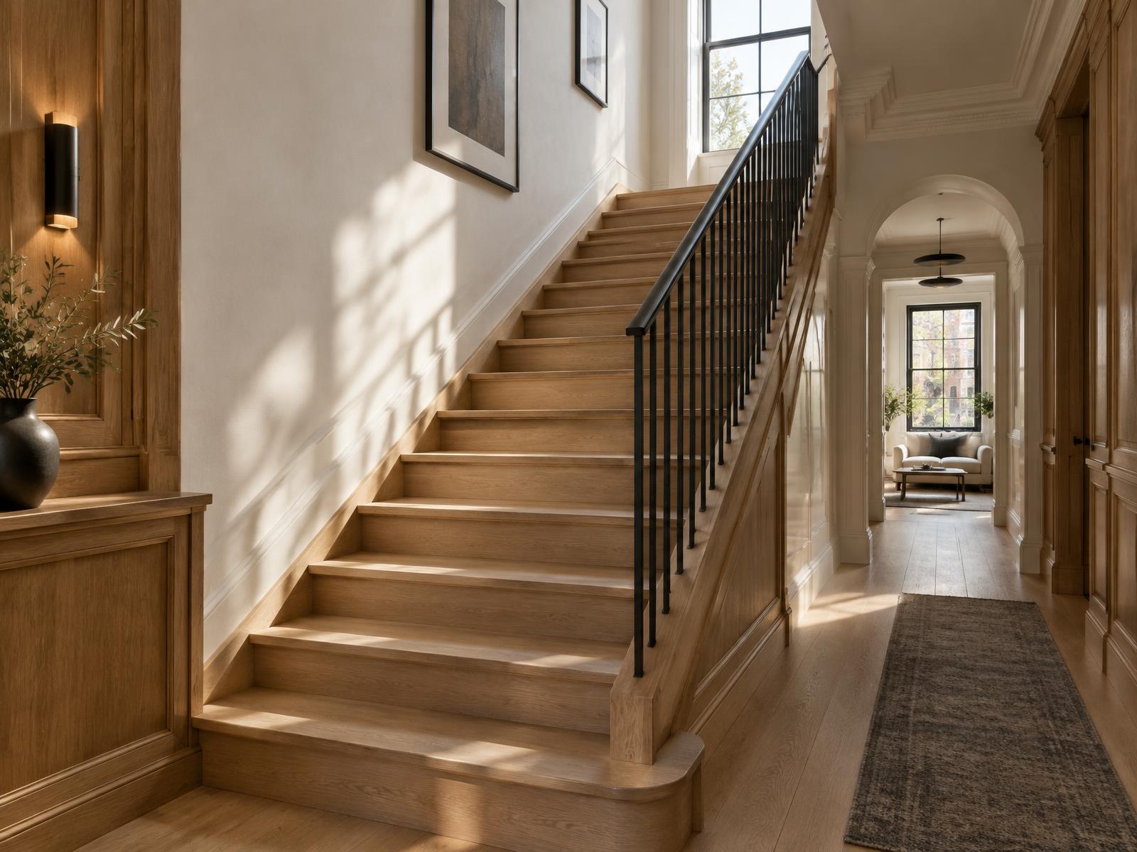 Restored white oak staircase with a black steel railing in a renovated Toronto home